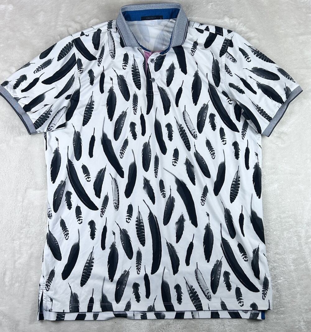 Greyson Polo Shirt Men’s Sz L Black Gray White Feather Print Performance Stretch